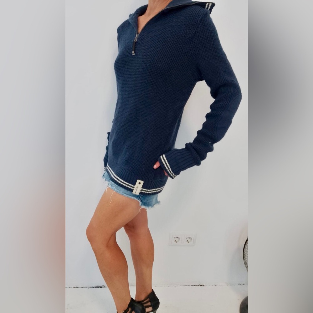 Navy Blue Crew Neck Sweater with Sporty Striped Trim
